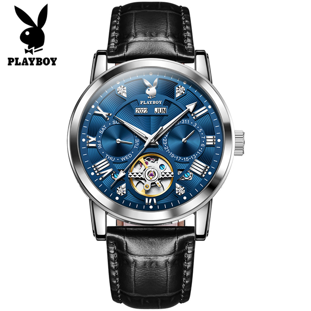 Playboy 3045  Men's Luxury Stainless Steel Case Leather Belt Mechanical Automatic Wristwatch - MackTechBiz