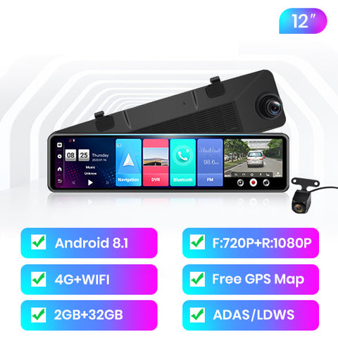12" Car Stream Media Rearview Mirror Android 8.1 Dash Cam GPS Navigation 4G WIFI ADAS FHD 1080P Car Video Camera Recorder DVR - MackTechBiz