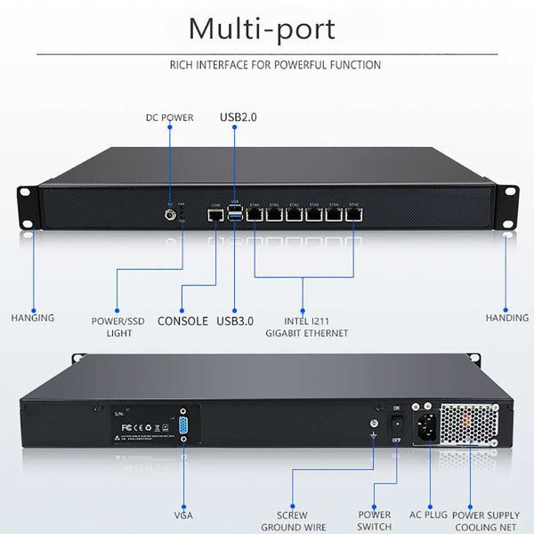 Firewall Router 1U Rack Server 6 LAN Core-i7 7660U 6500U Core-i5 7360U ...